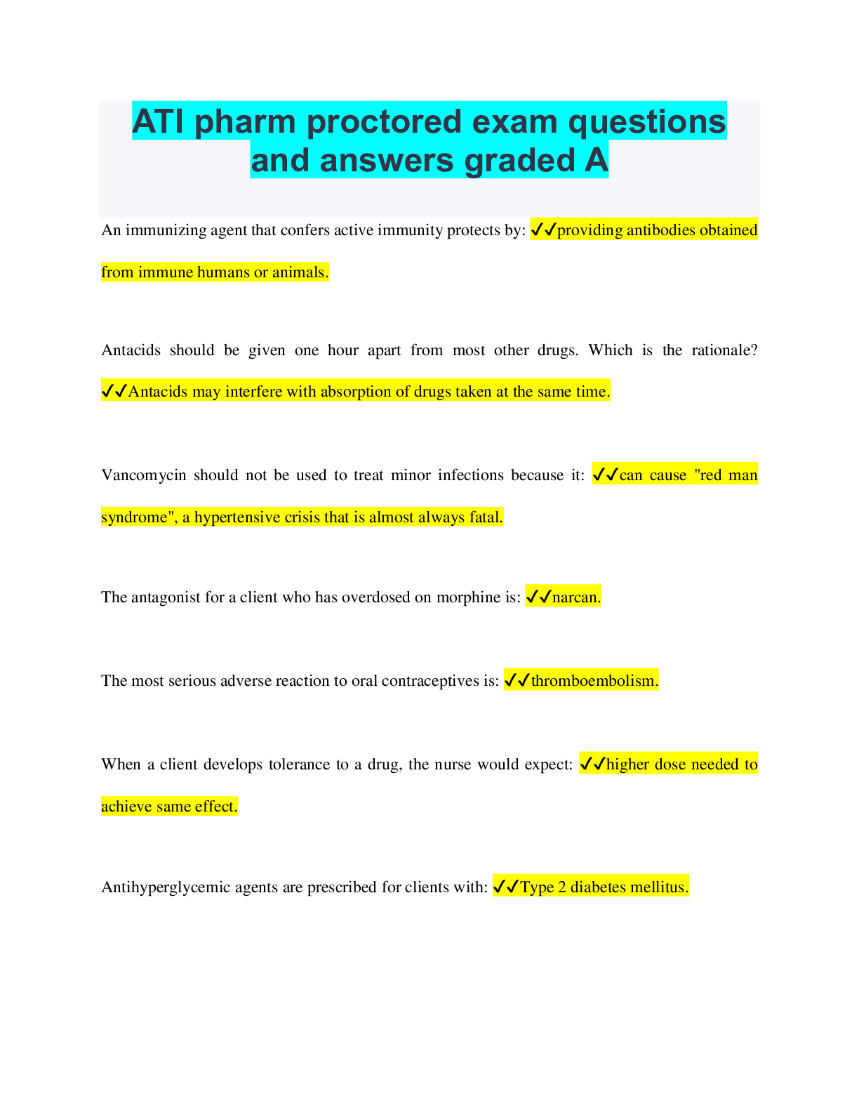 Preview of ATI pharm proctored exam questions and answers graded A